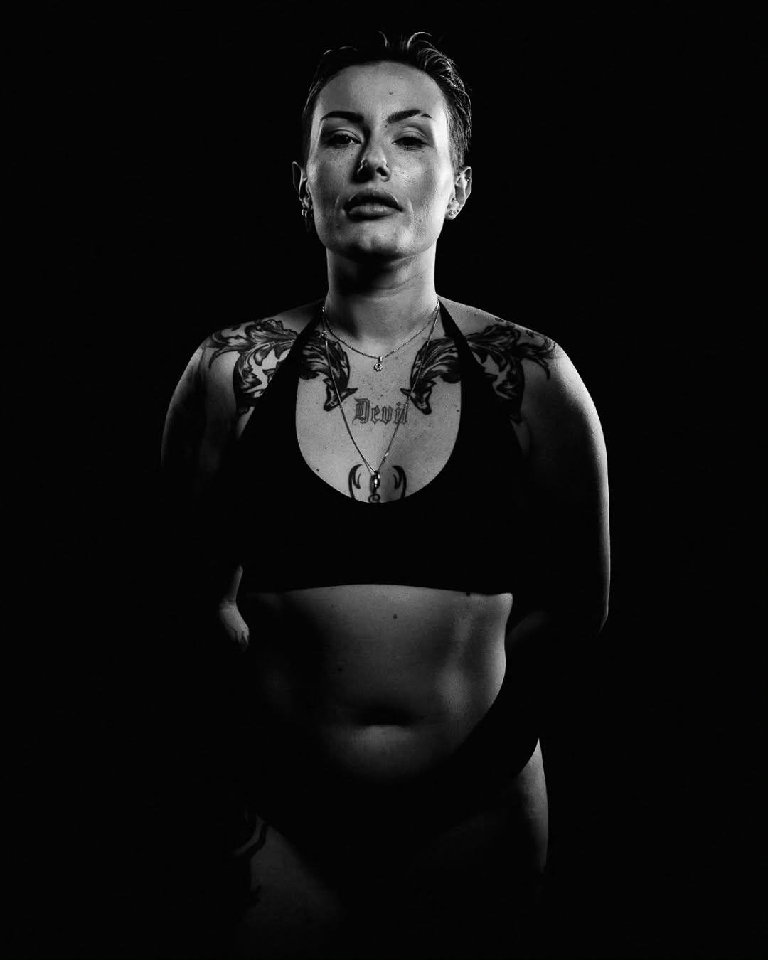 Graphic black-and-white portrait of Alexandra